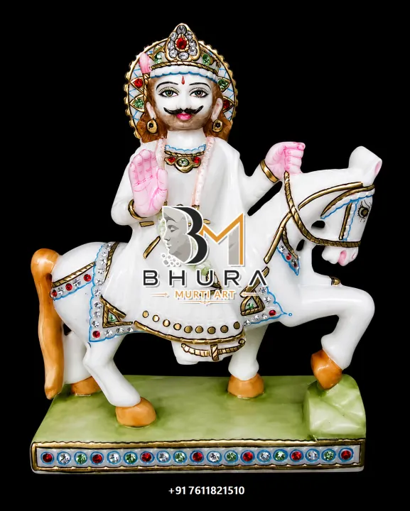 Baba Ramdev White Horse Jewel Pedestal Murti handcrafted statue