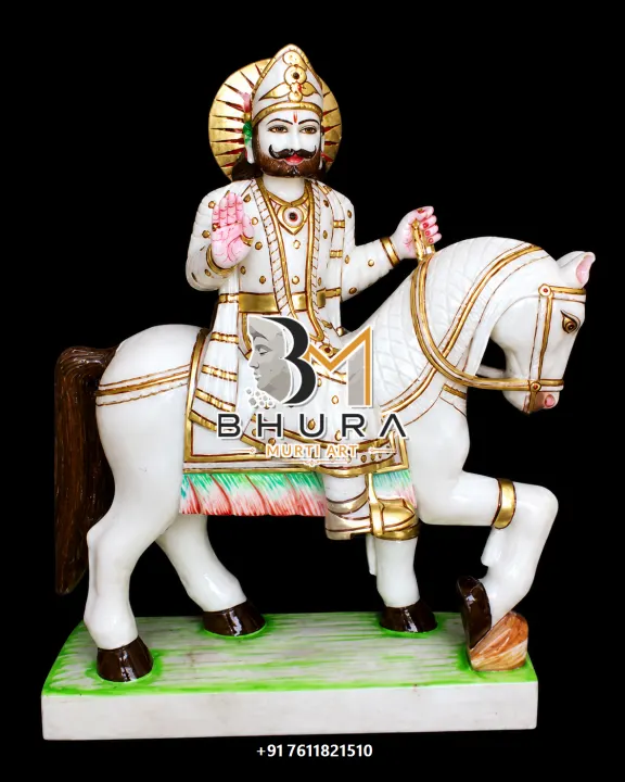 Baba Ramdev Ivory Attire Horse Murti handcrafted statue