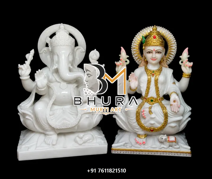 Ganesh Laxmi Makrana Marble Divine Pair handcrafted statue