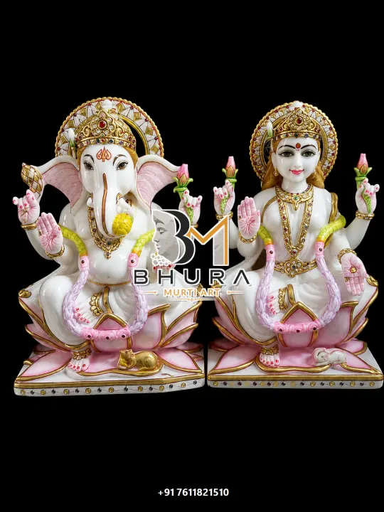 Ganesh Laxmi Pastel Pink Lotus Set handcrafted statue