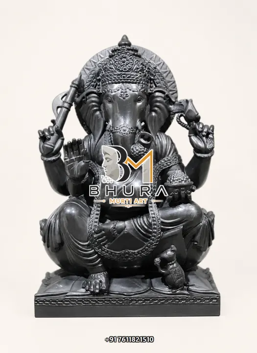 Black Stone Ganesha Classic Four-Arm Murti handcrafted statue