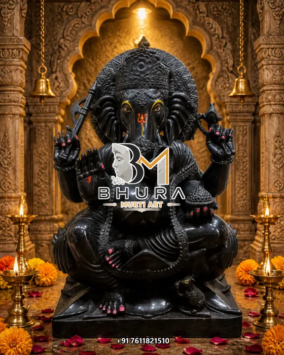 Black Stone Ganesha Temple Throne Murti handcrafted statue