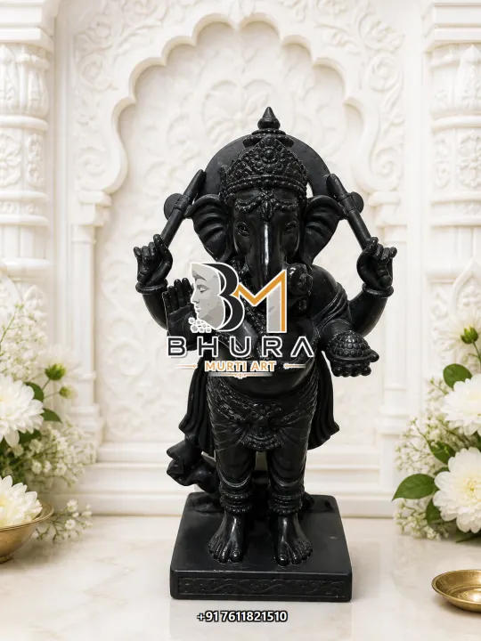 Black Stone Standing Ganesha Murti handcrafted statue