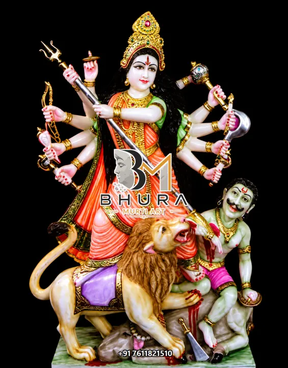 Mahishasura Mardini Coral Saree Lion Murti handcrafted statue