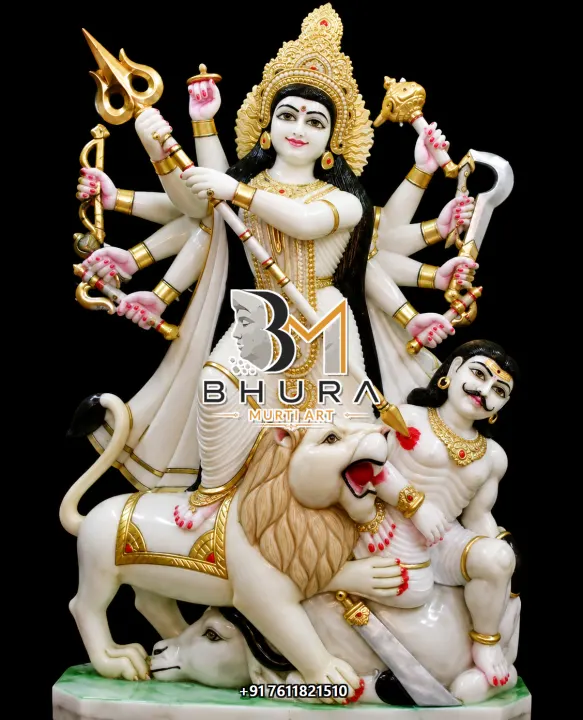 Mahishasura Mardini Pastel White Lion Murti handcrafted statue