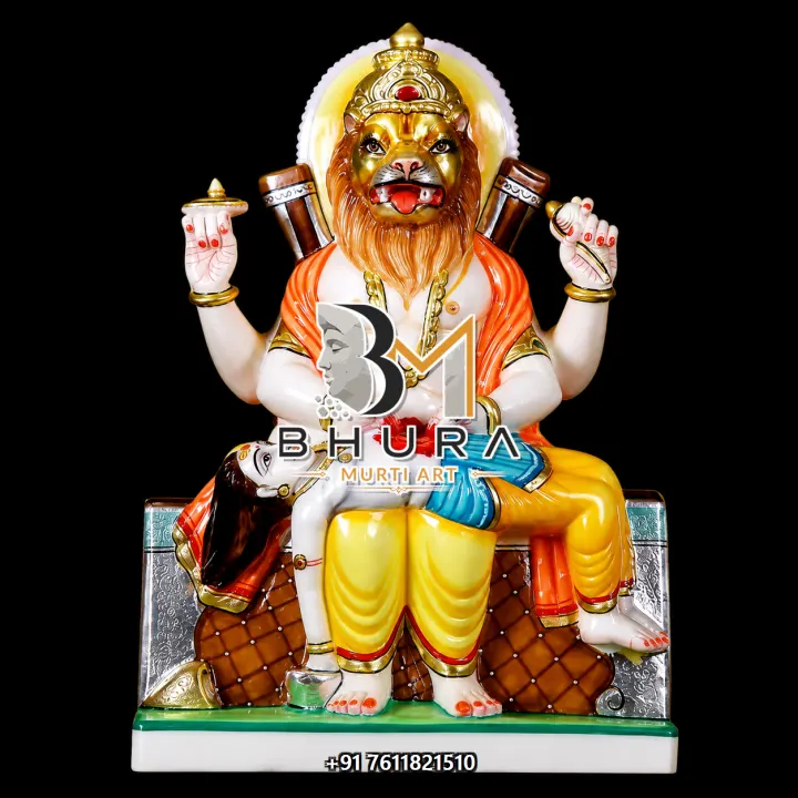 Ugra Narsingh Orange Dhoti Throne Murti handcrafted statue