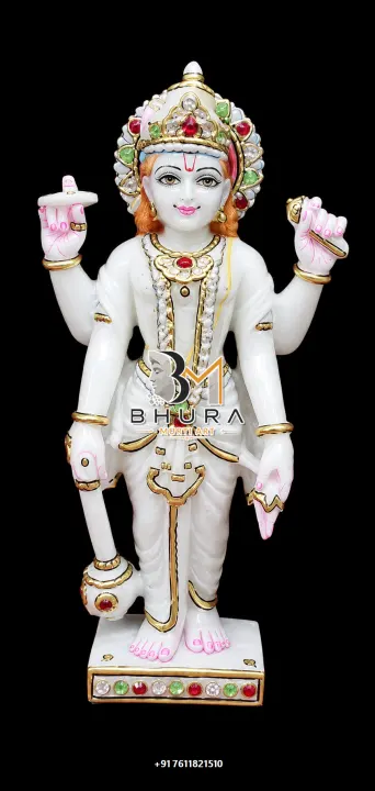 Lord Vishnu White Gold Crowned Murti handcrafted statue