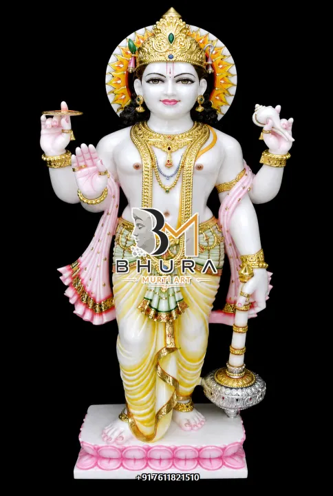 Lord Vishnu Golden Dhoti Pink Lotus Murti handcrafted statue