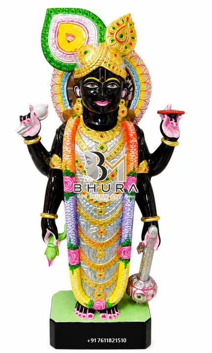 Lord Vishnu Black Stone Colourful Murti