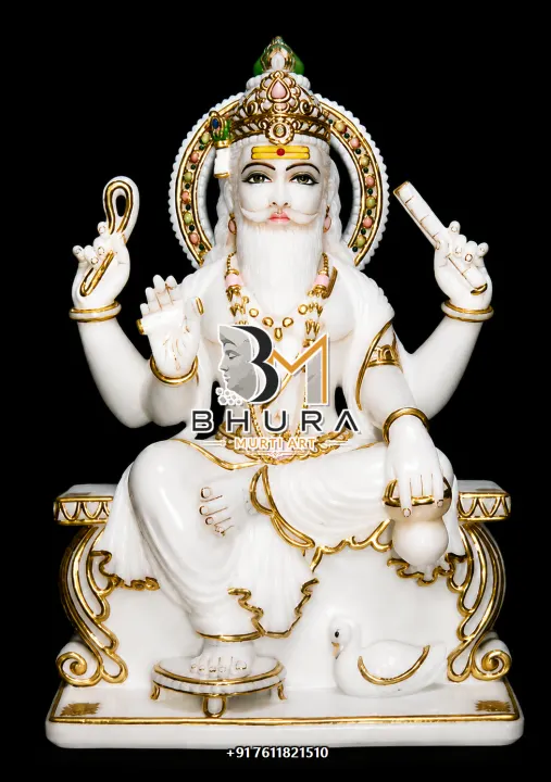 Lord Vishvakarma Swan Base White Marble Murti handcrafted statue