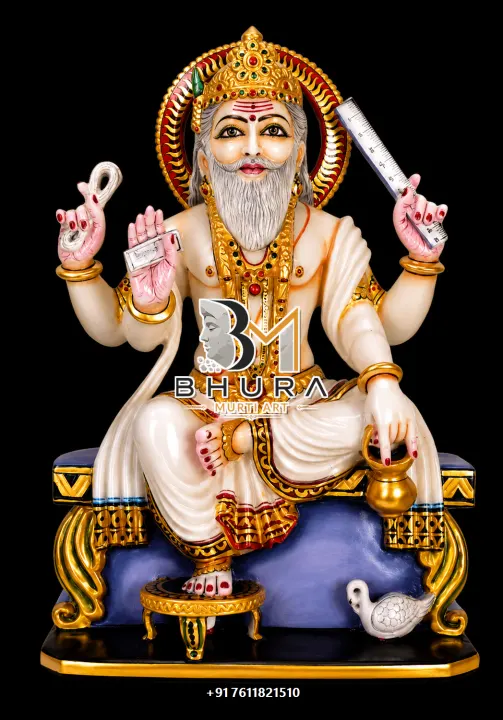 Lord Vishvakarma Royal Blue Throne Murti handcrafted statue