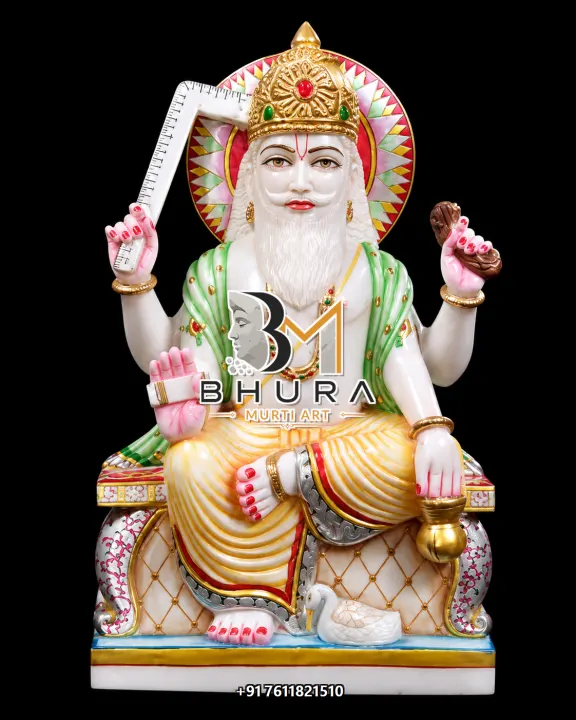 Lord Vishvakarma Lotus Throne Marble Murti handcrafted statue