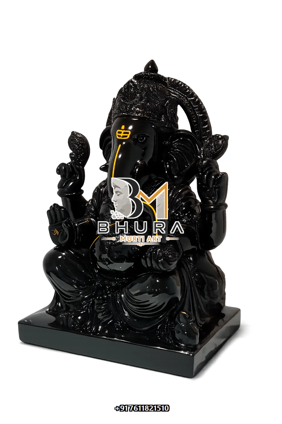 Black Stone Ganesha Ornate Arch Seated Murti - view 3