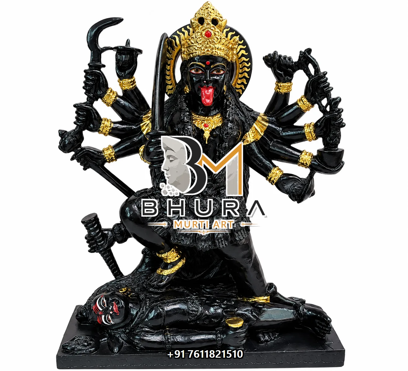 Dashabhuja Mahakali Standing on Shiva Murti - marble statue design view 2