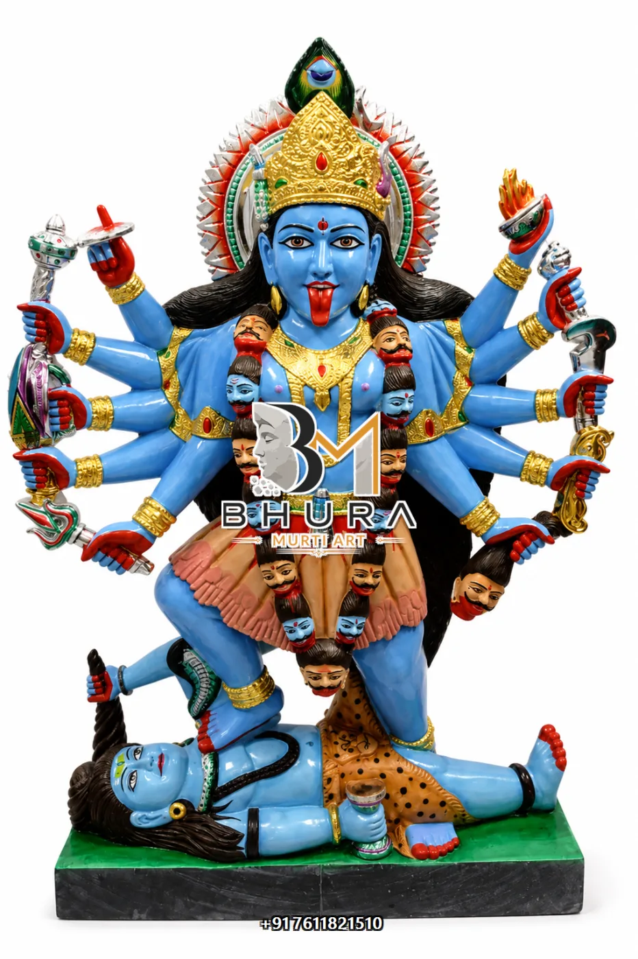 Dashabhuja Mahakali Standing on Shiva Murti - marble statue design view 3
