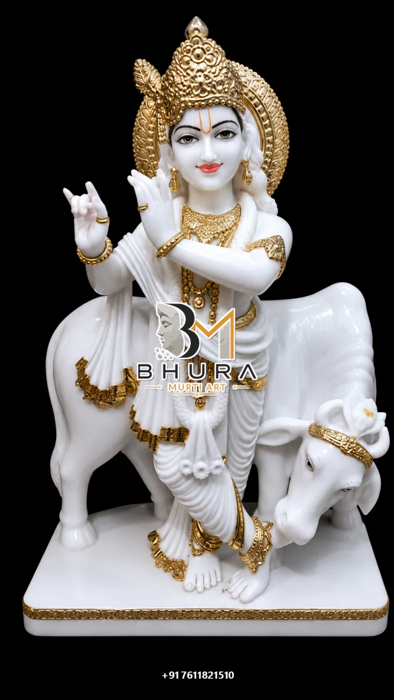 Handcrafted Lord Krishna Marble Statue Collection - handcrafted marble design view 3
