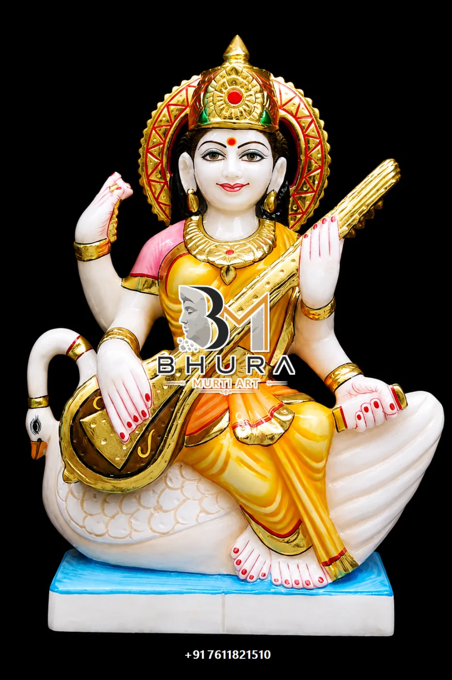 Handcrafted Goddess Saraswati Marble Statue Collection - handcrafted marble design view 4