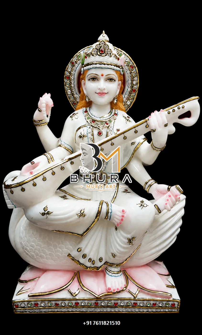 Handcrafted Goddess Saraswati Marble Statue Collection - handcrafted marble design view 5