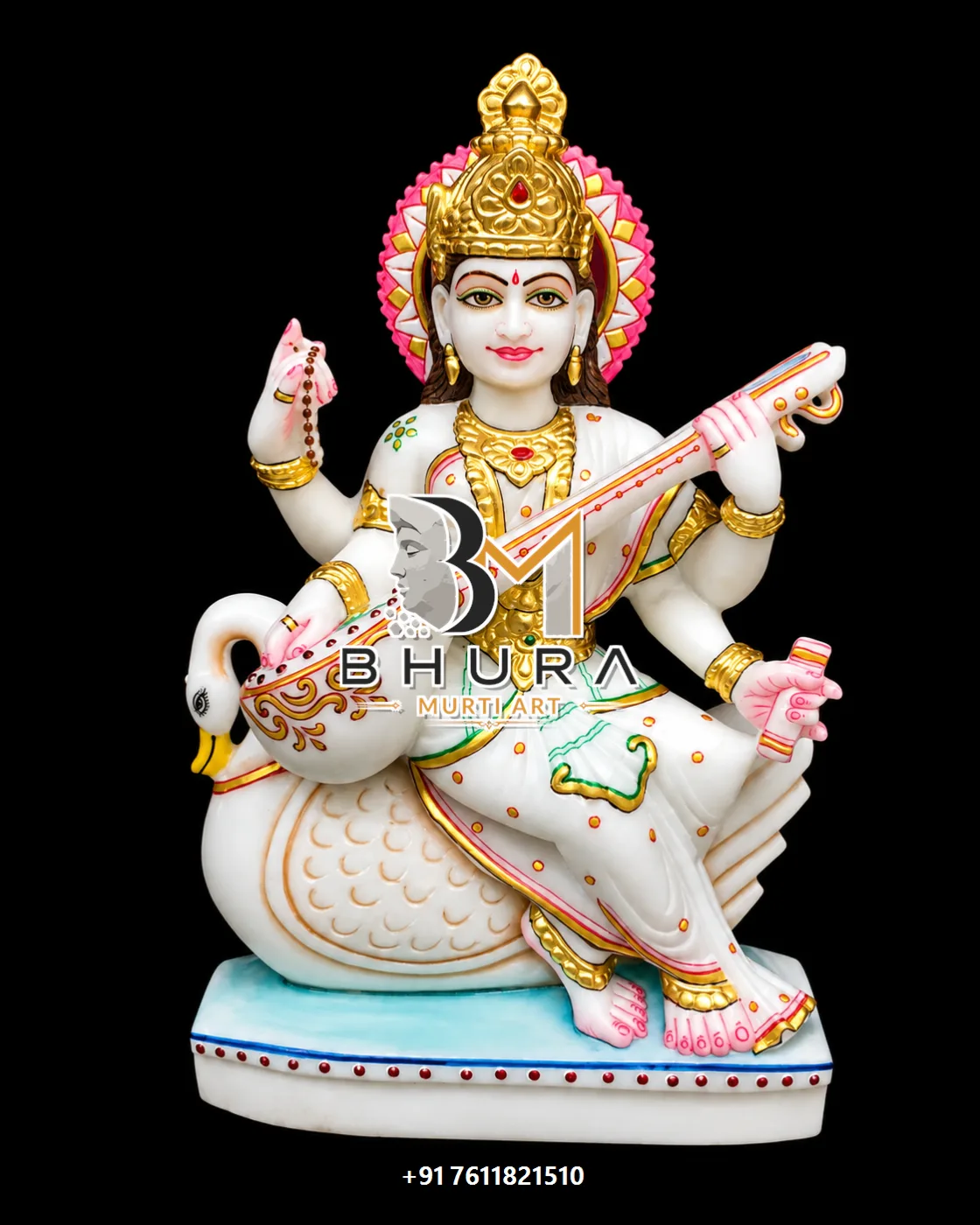 Veena Vadini Goddess Saraswati Marble Statue Collection - handcrafted marble design view 2