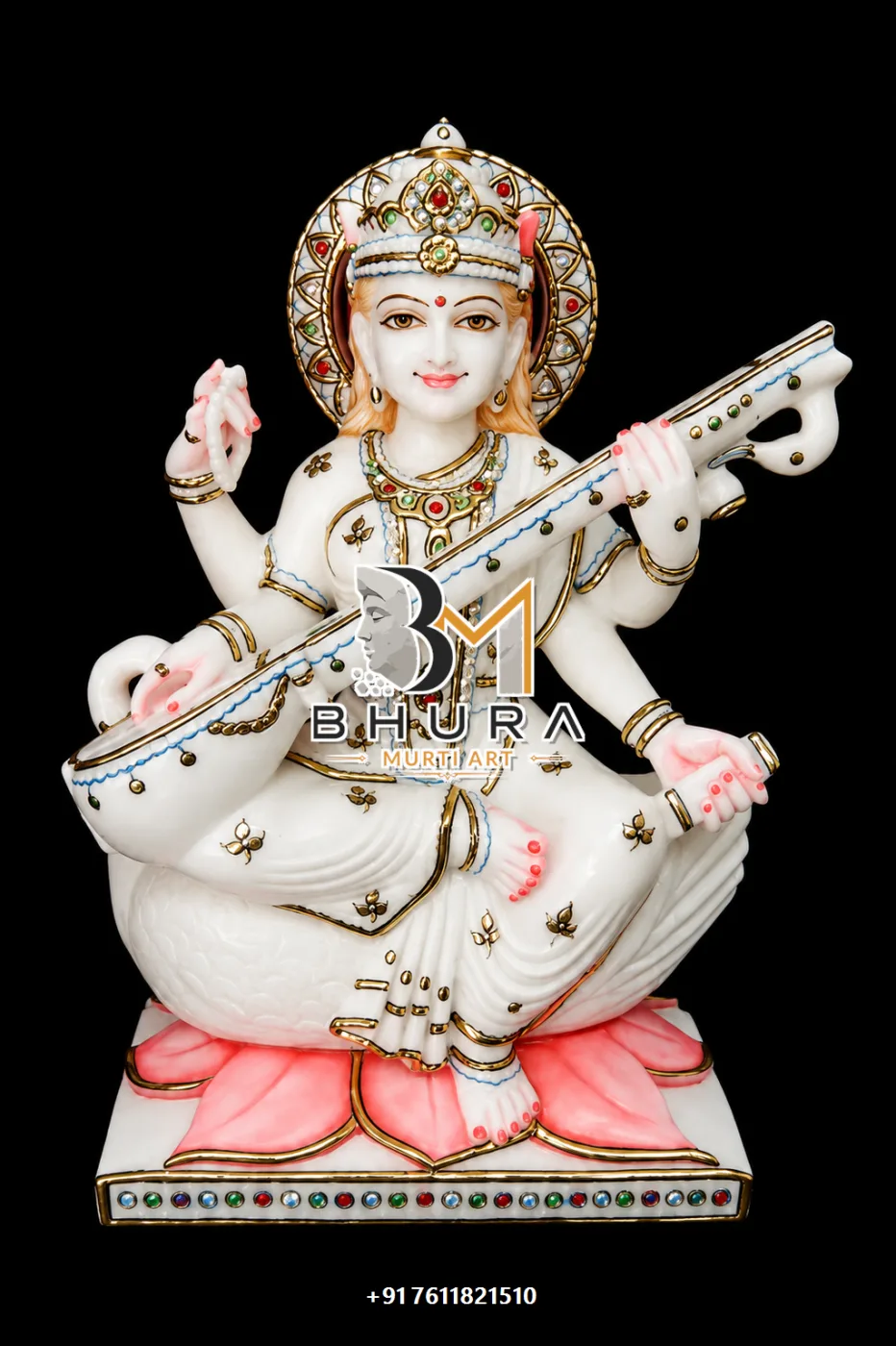 Veena Vadini Goddess Saraswati Marble Statue Collection - handcrafted marble design view 3