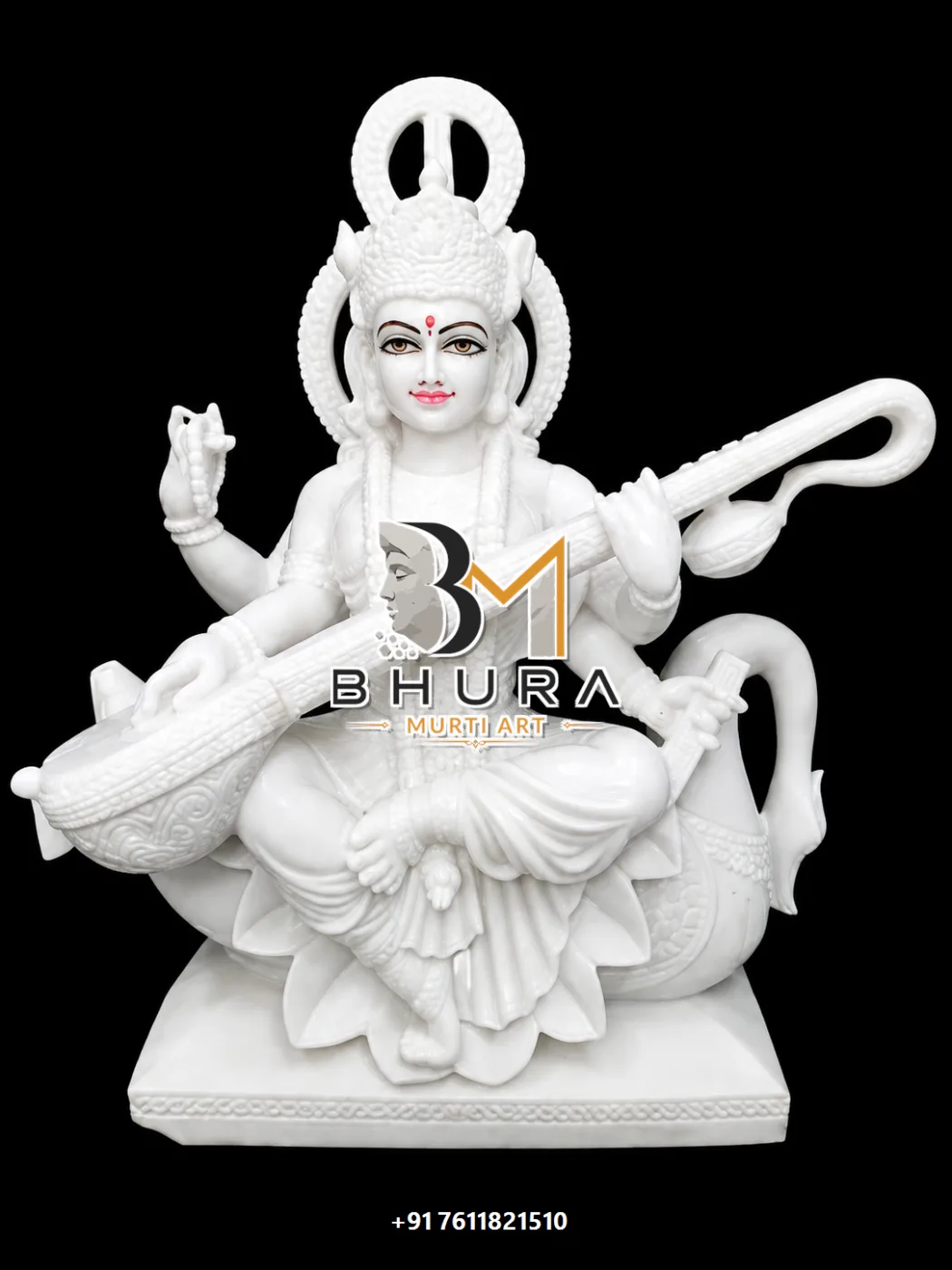 Veena Vadini Goddess Saraswati Marble Statue Collection - handcrafted marble design view 4