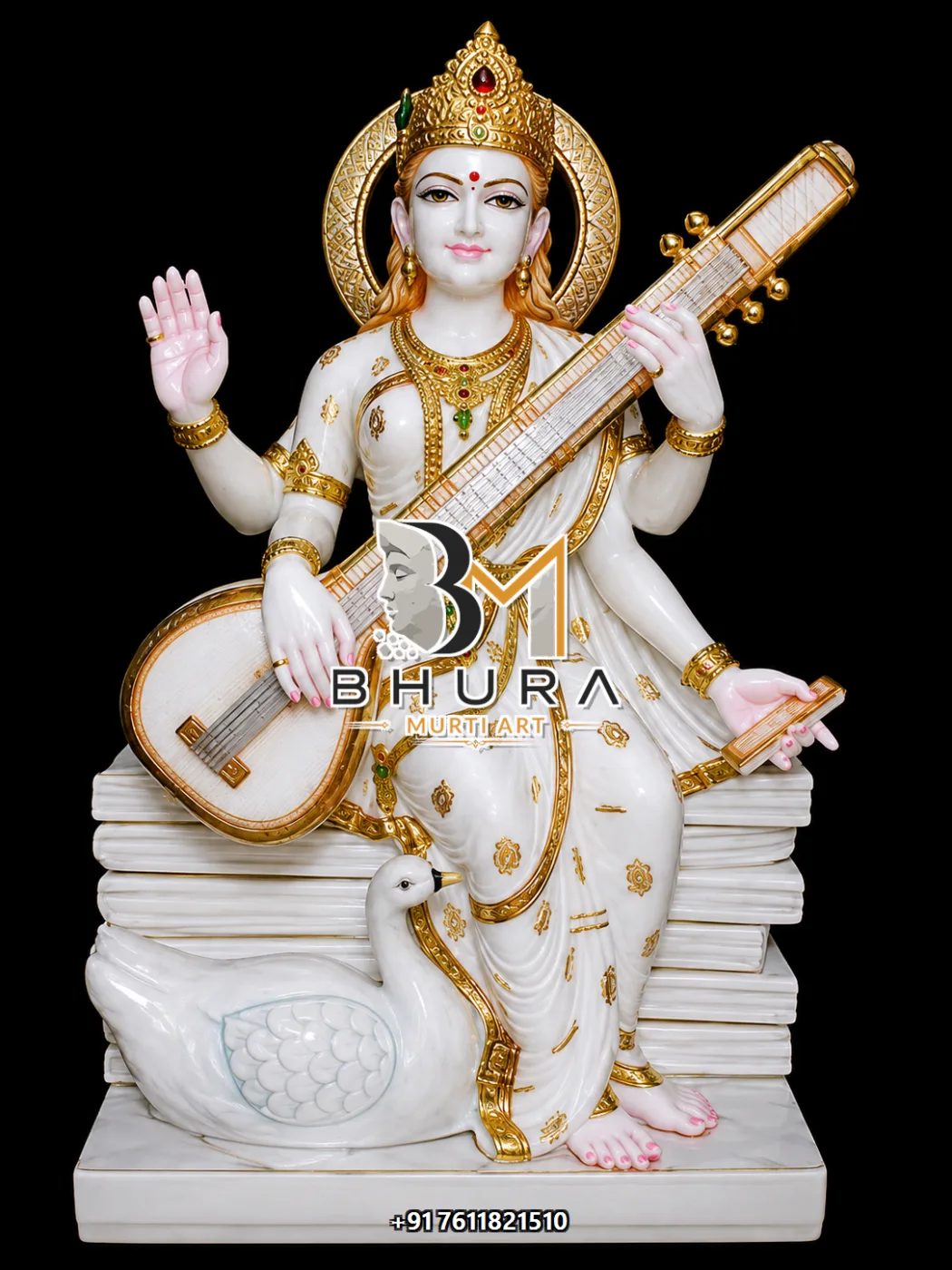 Traditional Goddess Saraswati Marble Statue Collection - handcrafted marble design view 2
