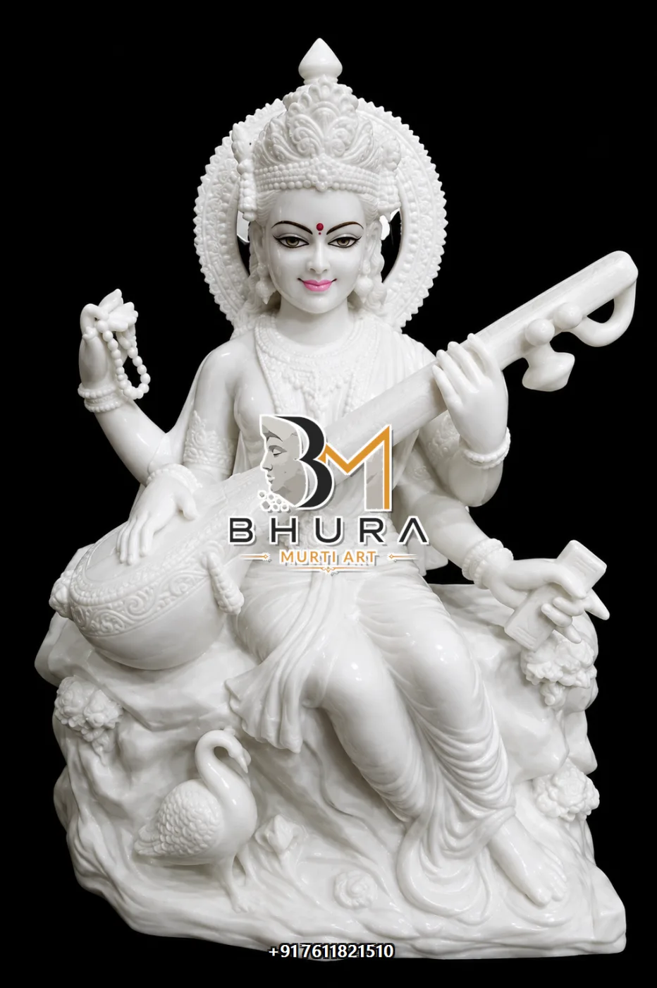 Traditional Goddess Saraswati Marble Statue Collection - handcrafted marble design view 3