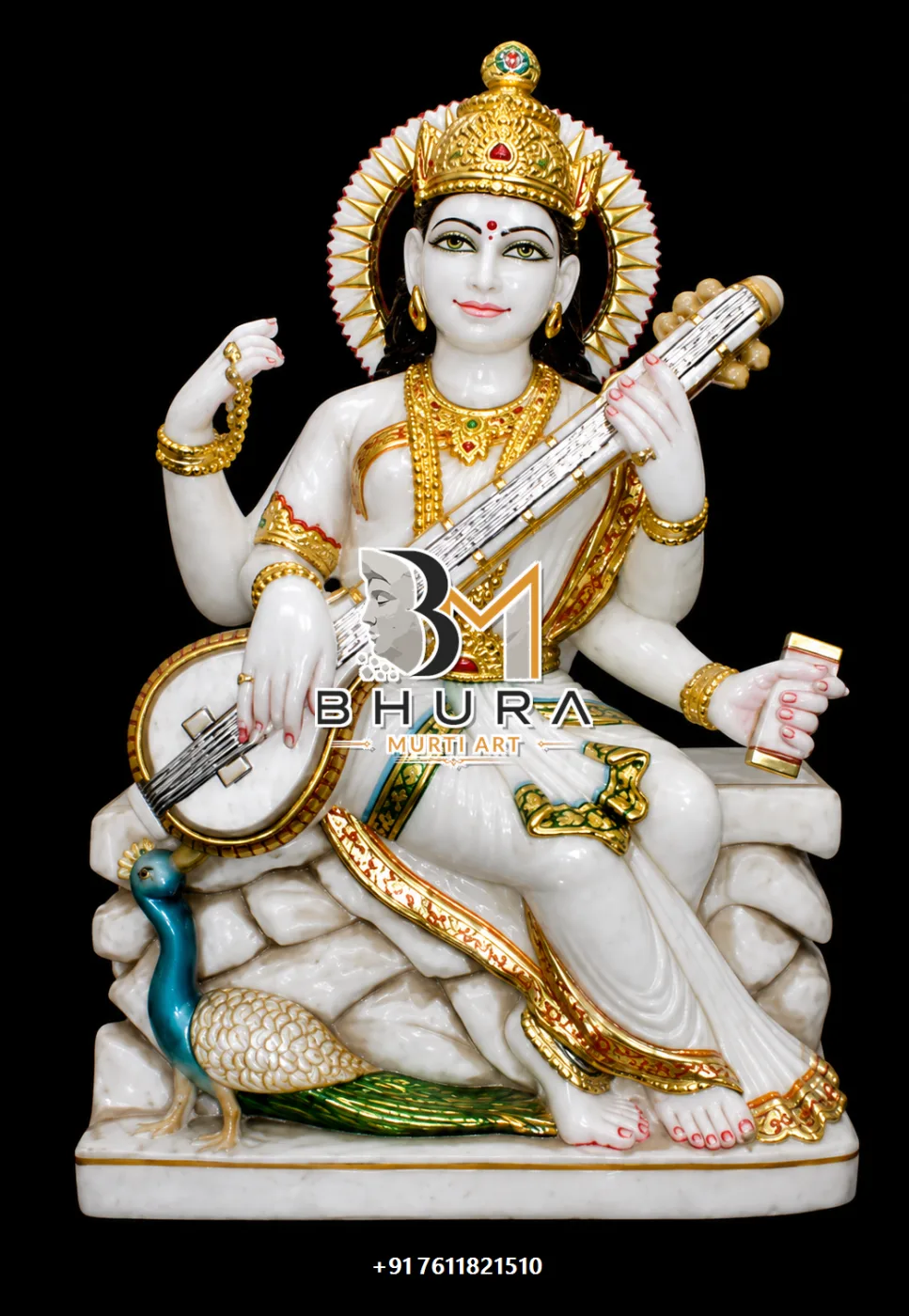 Traditional Goddess Saraswati Marble Statue Collection - handcrafted marble design view 5