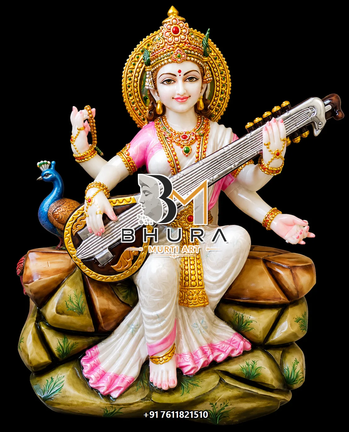 White Marble Goddess Saraswati Marble Statue Collection - handcrafted marble design view 2