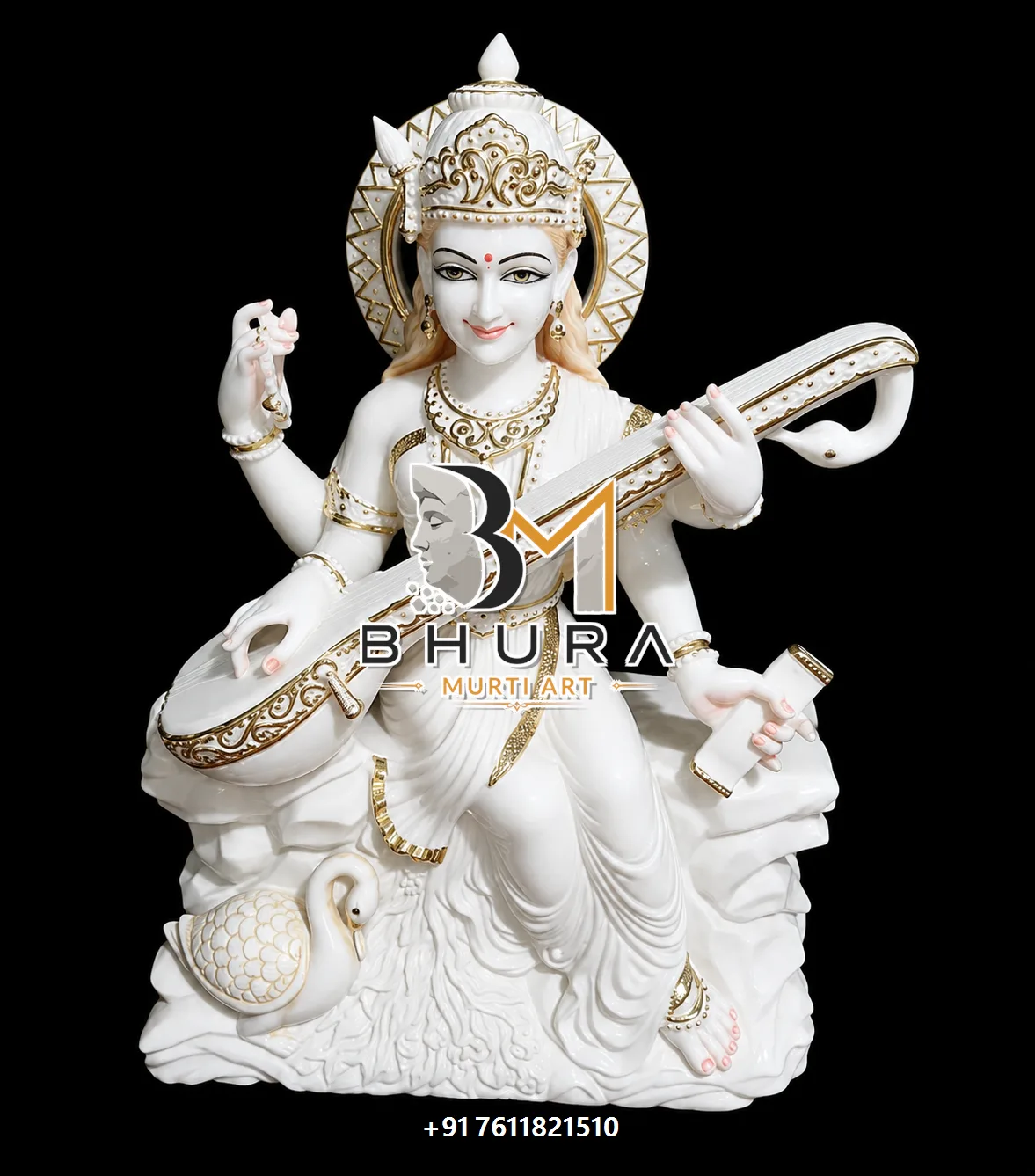 White Marble Goddess Saraswati Marble Statue Collection - handcrafted marble design view 4