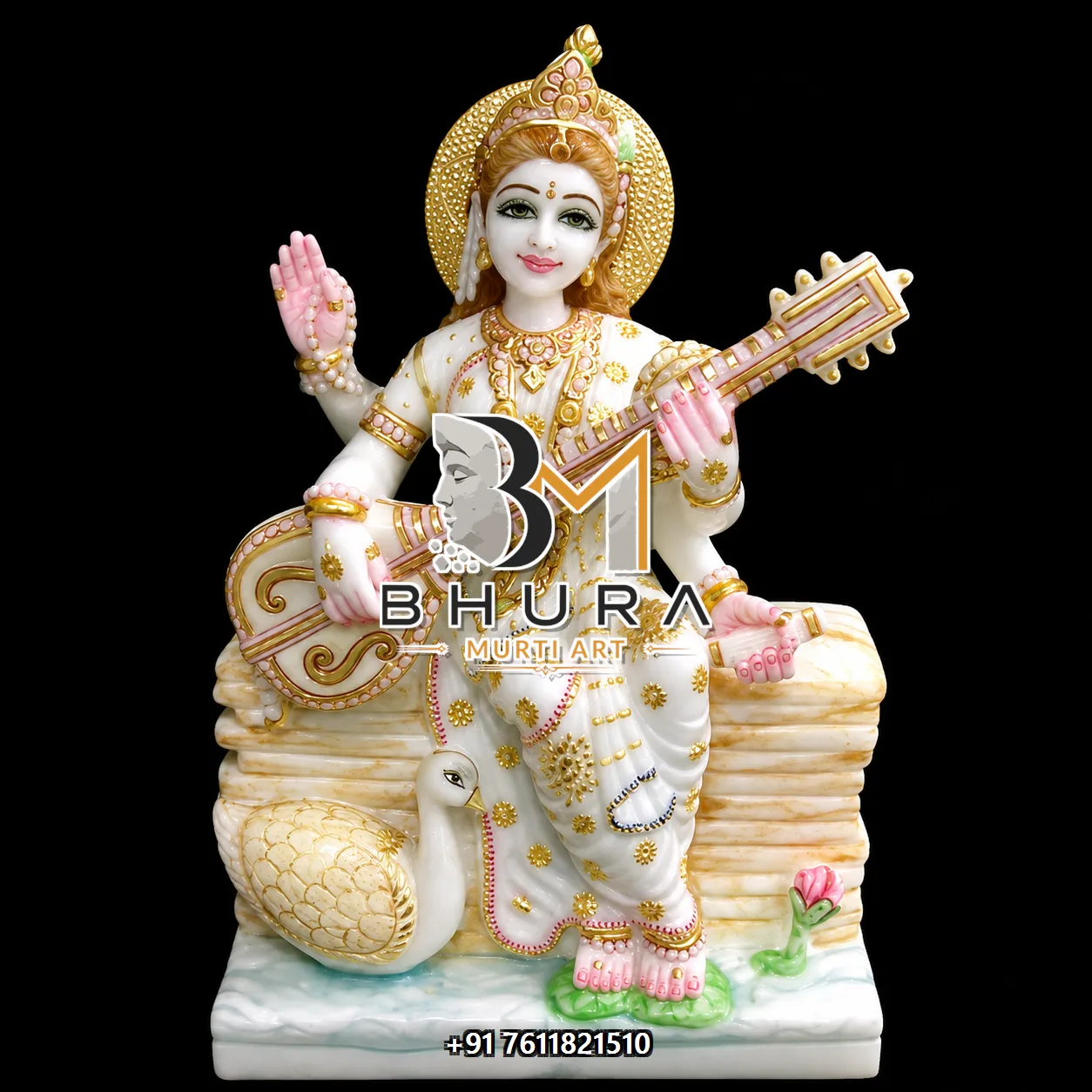 White Marble Goddess Saraswati Marble Statue Collection - handcrafted marble design view 5