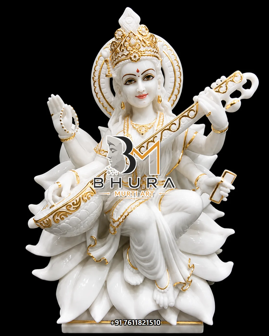 Hand-Painted Goddess Saraswati Marble Statue Collection - handcrafted marble design view 3