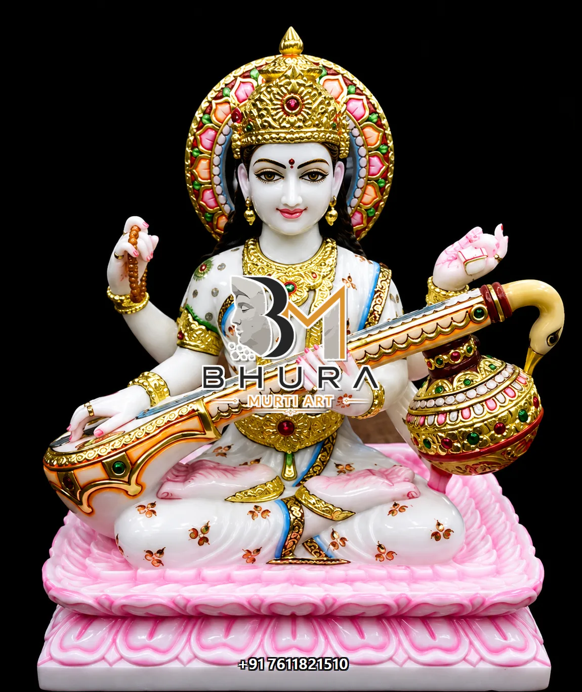 Temple-Style Goddess Saraswati Marble Statue Collection - handcrafted marble design view 3