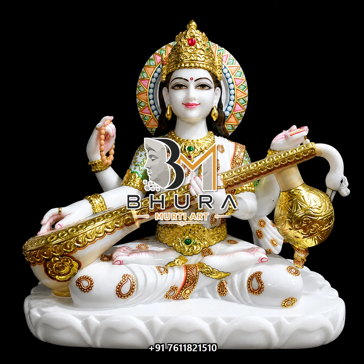 Temple-Style Goddess Saraswati Marble Statue Collection - handcrafted marble design view 4