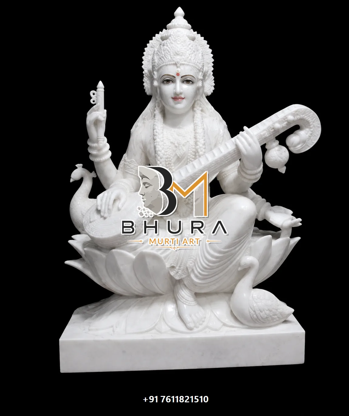 Lotus Pose Goddess Saraswati Marble Statue Collection - handcrafted marble design view 2