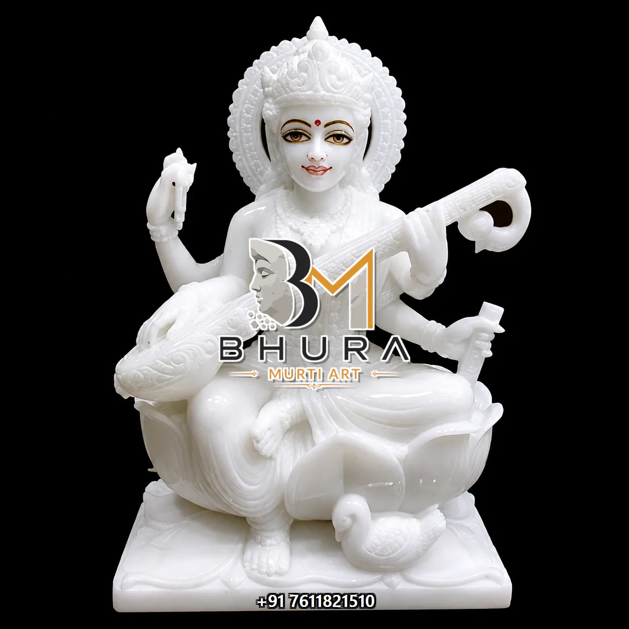 Lotus Pose Goddess Saraswati Marble Statue Collection - handcrafted marble design view 4