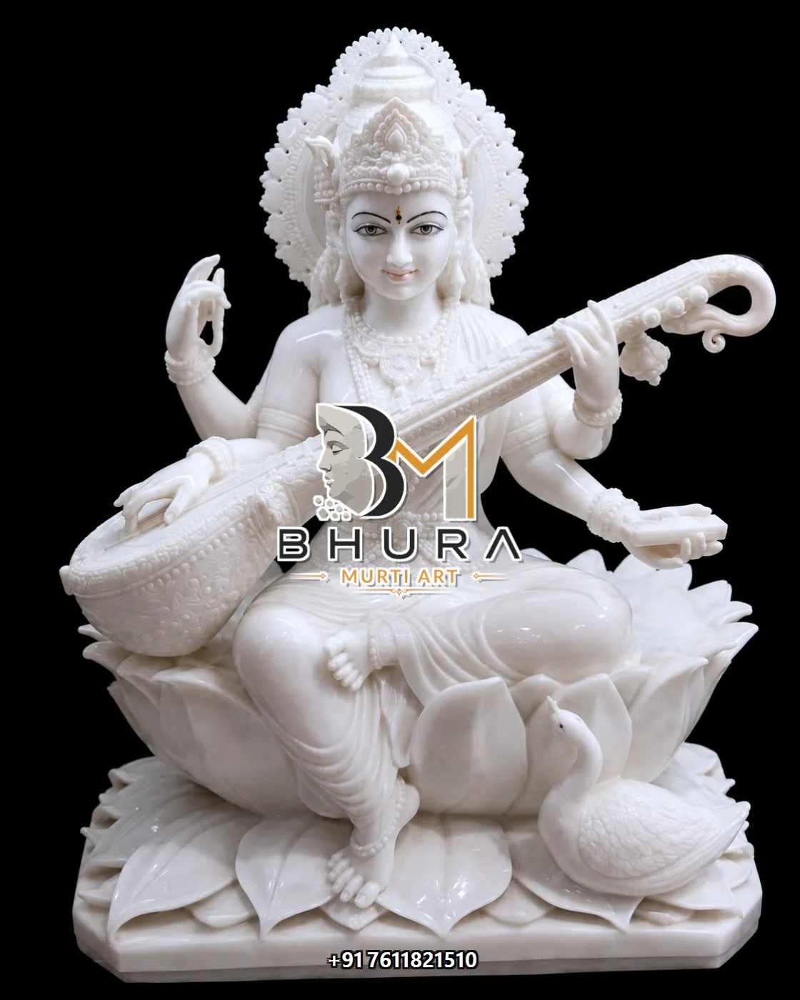 Lotus Pose Goddess Saraswati Marble Statue Collection - handcrafted marble design view 5
