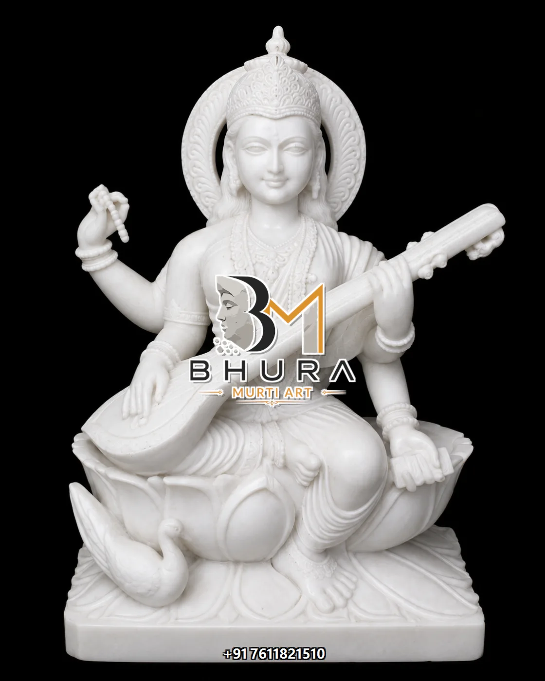 Hamsa Vahini Goddess Saraswati Marble Statue Collection - handcrafted marble design view 4