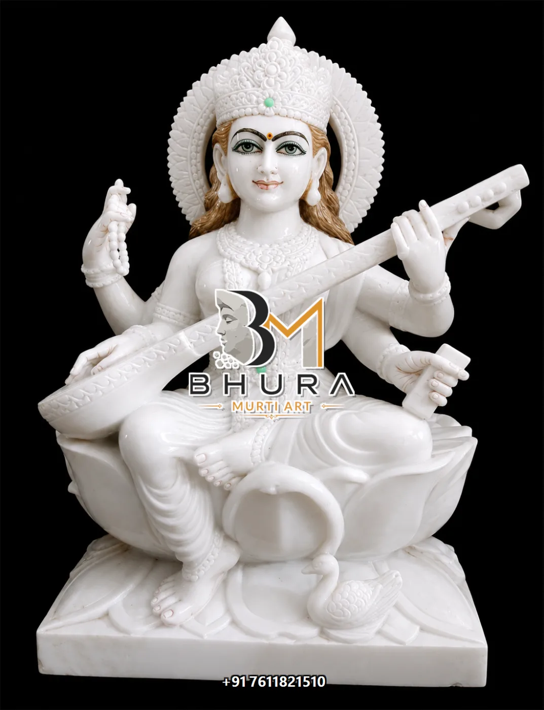 Elegant Goddess Saraswati Marble Statue Collection - handcrafted marble design view 4