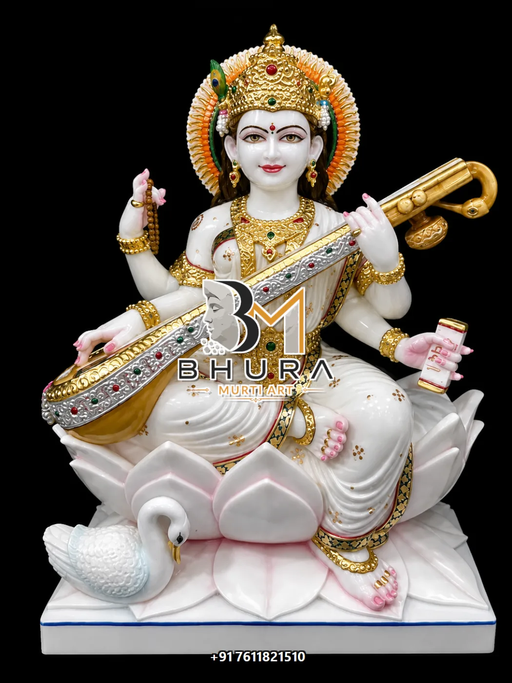 Hand-Carved Goddess Saraswati Marble Statue Collection - handcrafted marble design view 4