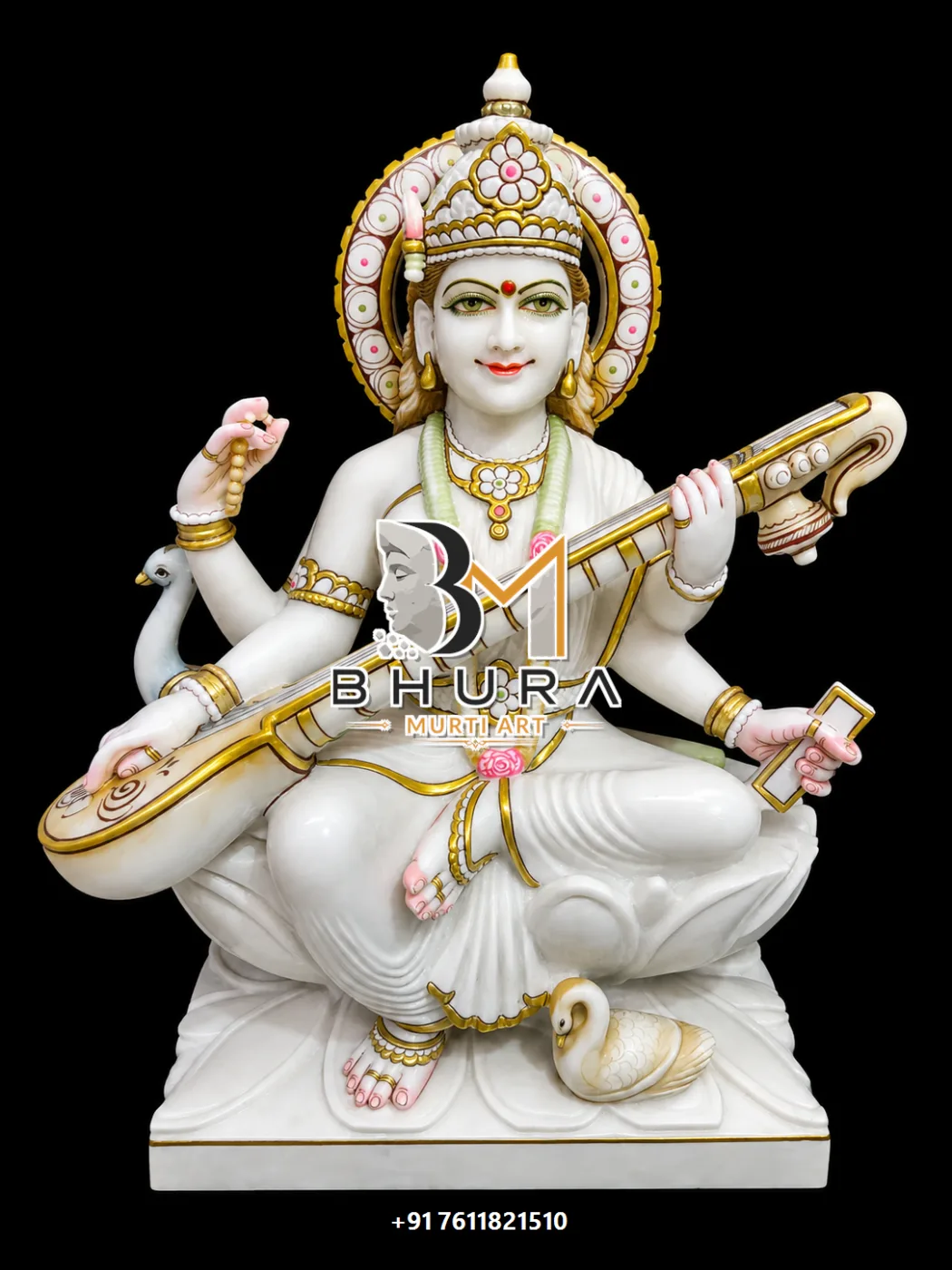 Artistic Goddess Saraswati Marble Statue Collection - handcrafted marble design view 5
