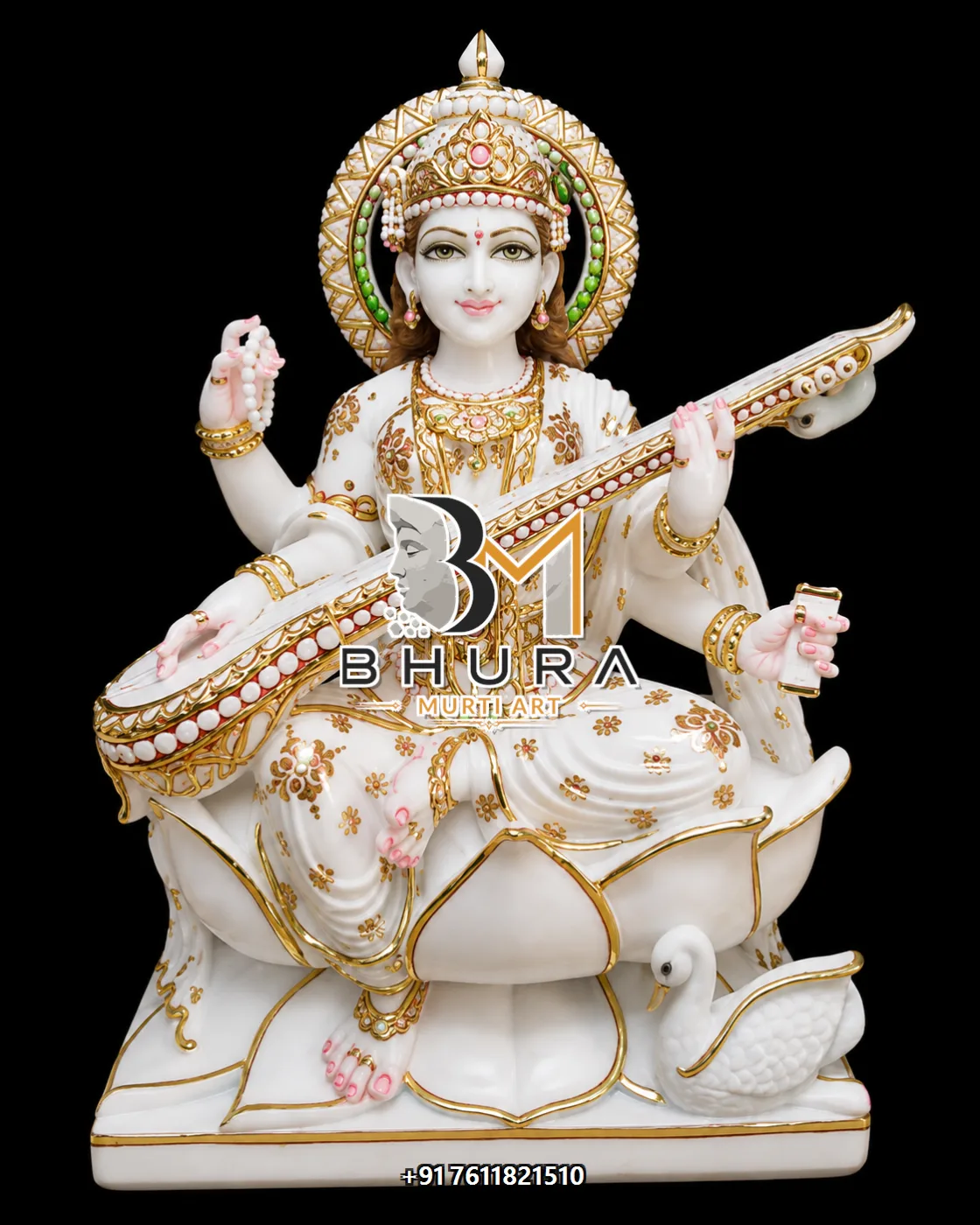 Designer Goddess Saraswati Marble Statue Collection - handcrafted marble design view 3