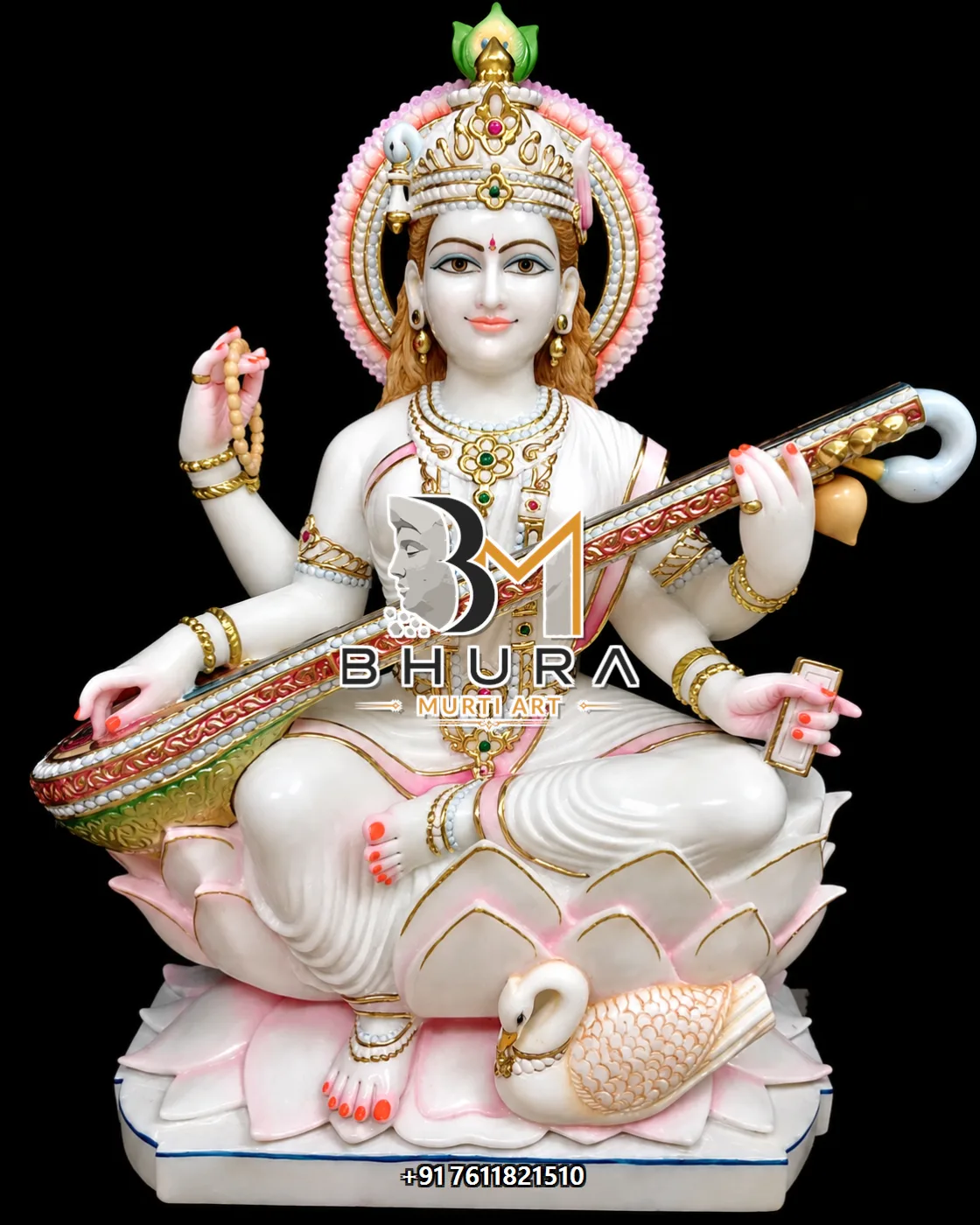 Sacred Goddess Saraswati Marble Statue Collection - handcrafted marble design view 2