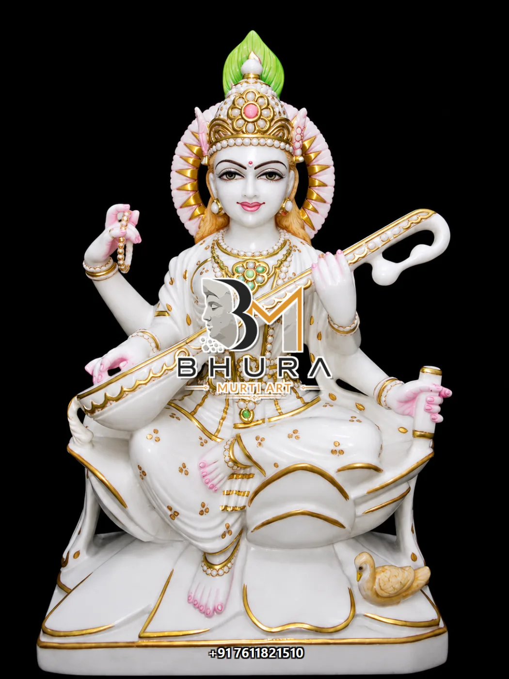 Sacred Goddess Saraswati Marble Statue Collection - handcrafted marble design view 3