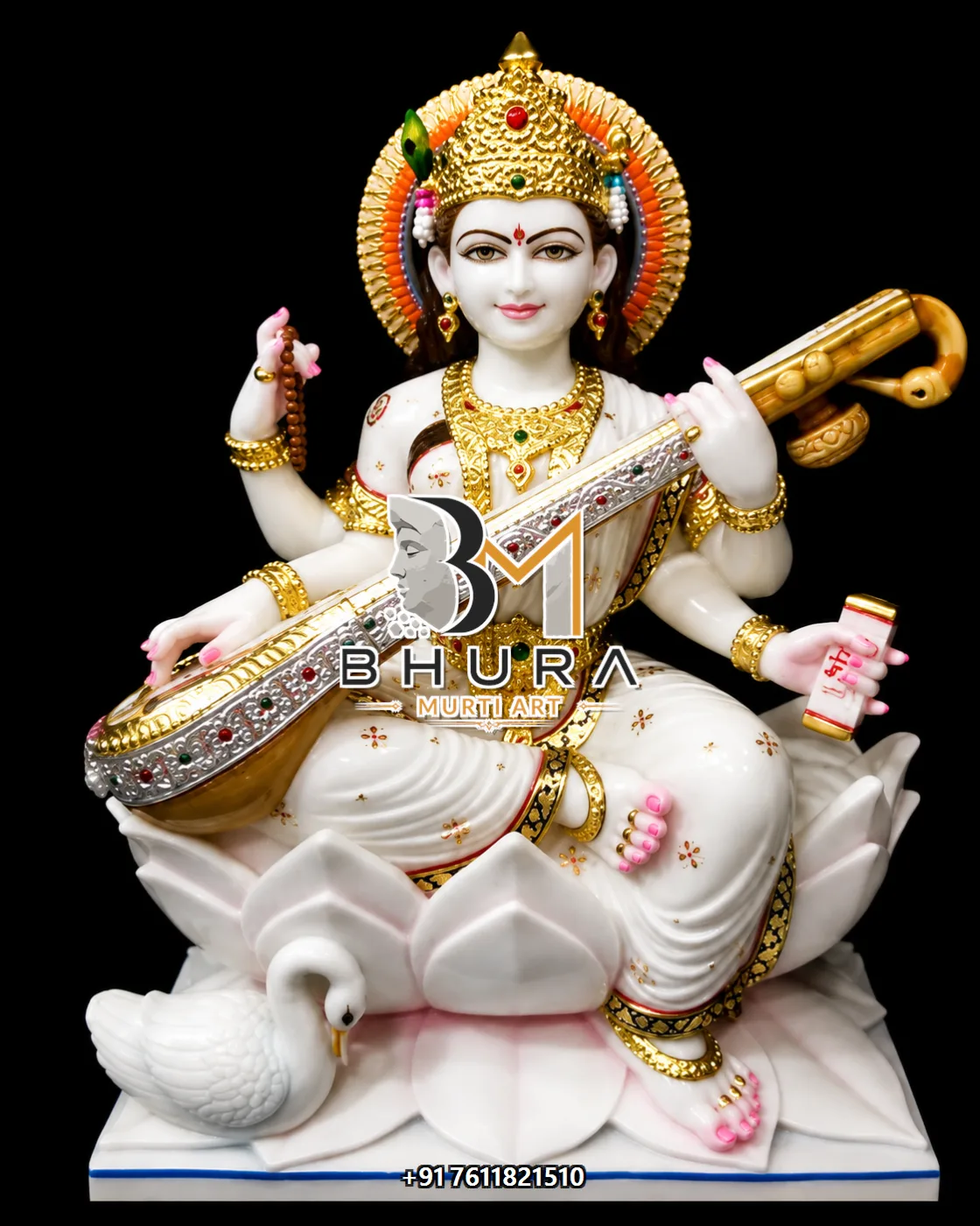 Sacred Goddess Saraswati Marble Statue Collection - handcrafted marble design view 5