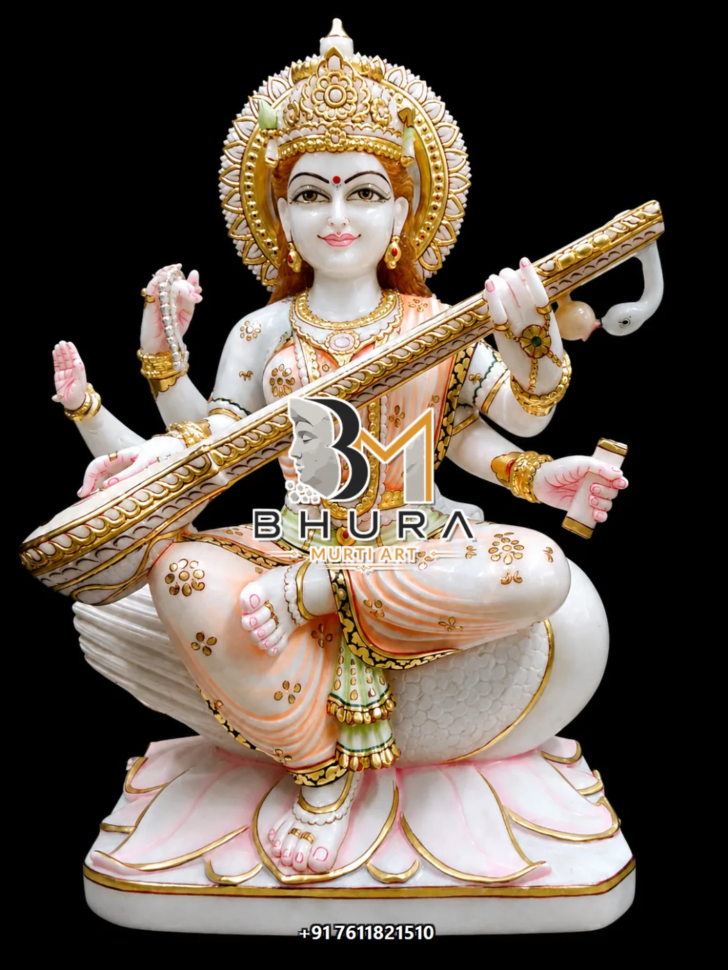 Classic Goddess Saraswati Marble Statue Collection - handcrafted marble design view 2
