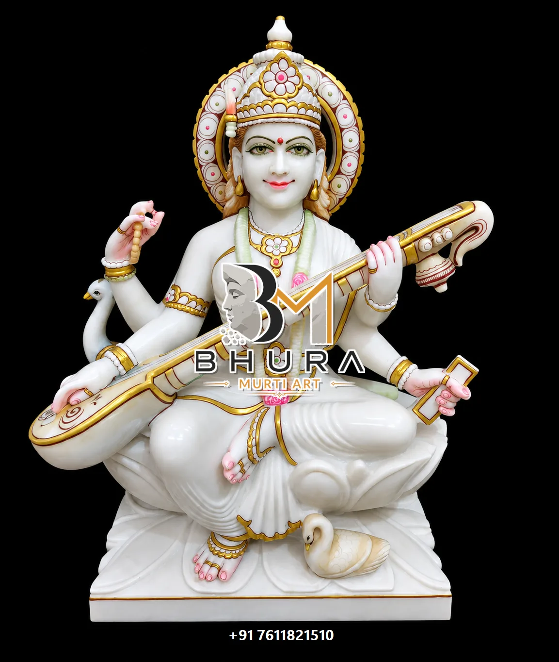 Classic Goddess Saraswati Marble Statue Collection - handcrafted marble design view 5