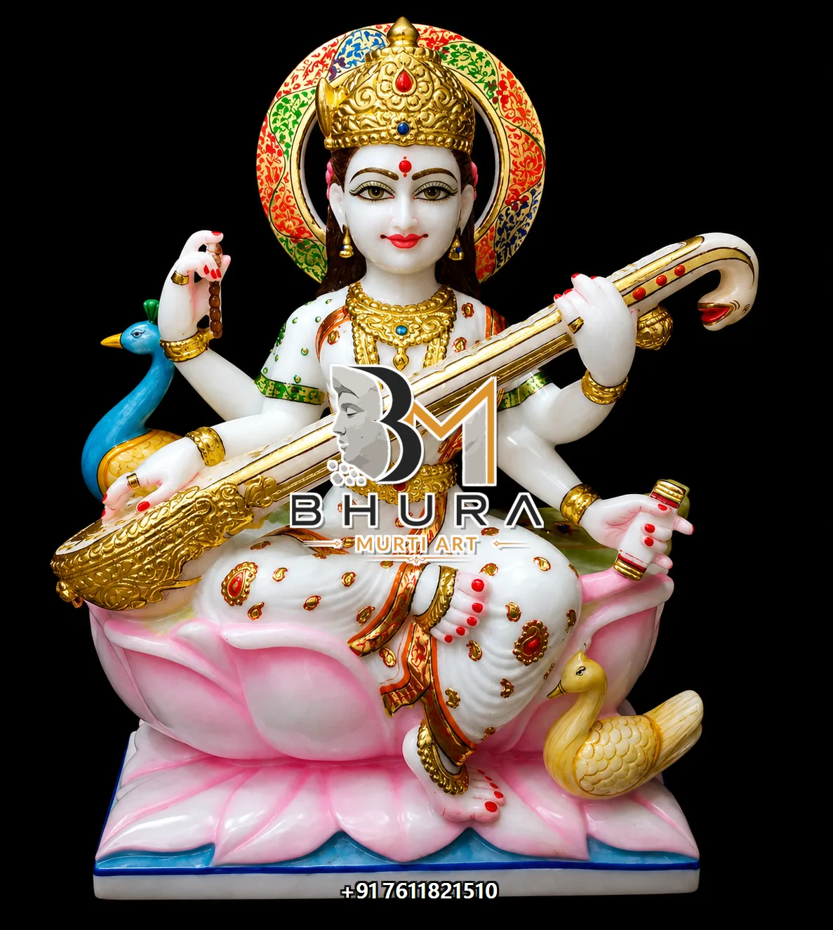 Knowledge and Wisdom Goddess Saraswati Marble Statue Collection - handcrafted marble design view 4