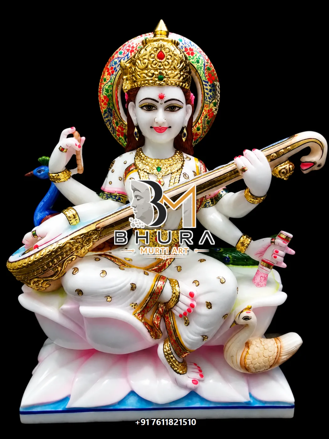 Knowledge and Wisdom Goddess Saraswati Marble Statue Collection - handcrafted marble design view 5
