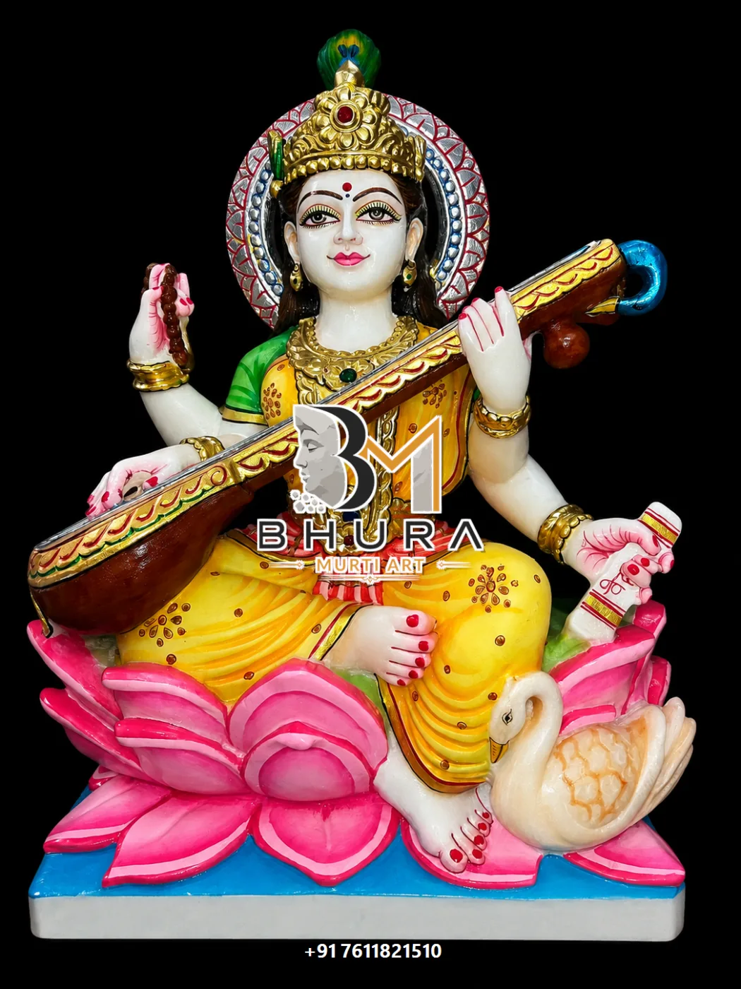 Veena Music Goddess Saraswati Marble Statue Collection - handcrafted marble design view 2